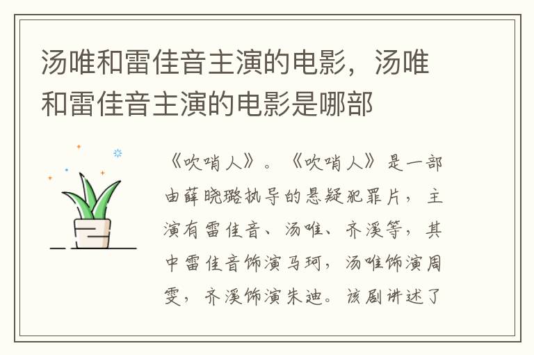 湯唯和雷佳音主演的電影，湯唯和雷佳音主演的電影是哪部